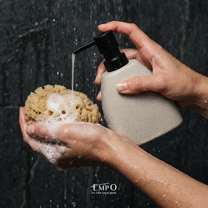 EMPO Ceramic Hand Soap Dispenser with Matte Black Pump, Stone-Textured Wabi-Sabi Liquid Dispenser for Bathroom Vanity and Kitchen Sink (360ml)