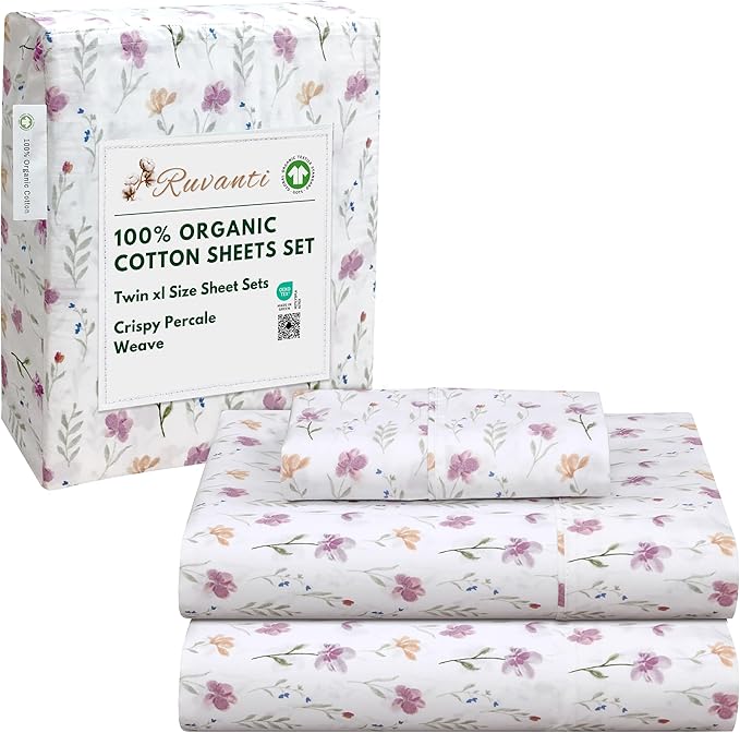 RUVANTI 100% Organic Cotton Sheets Twin XL, Percale Weave, GOTS Certified, 3-Piece Set, Deep Pocket 15", Crisp & Breathable, Soft Durable Bedding, Sábanas Algodón Orgánico – Obsessed Stems
