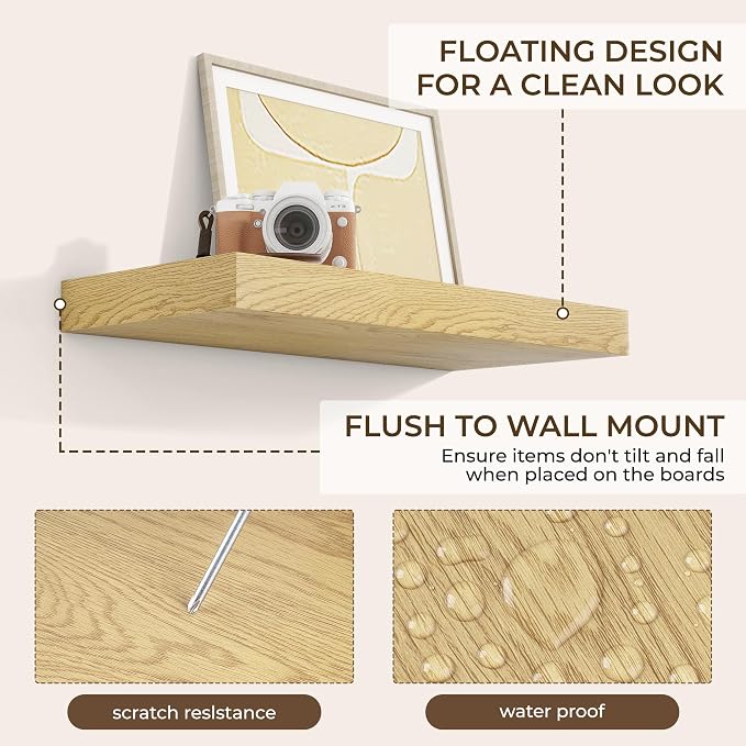 RICHFOCUS 20Inch Floating Shelves for Wall 2 Pack Shelves for Bedroom|Kitchen|Bathroom|Laundry Room Rustic Wood Wall Mounted Shelf with Invisible Brackets for Books|Storage|Decor, Oak