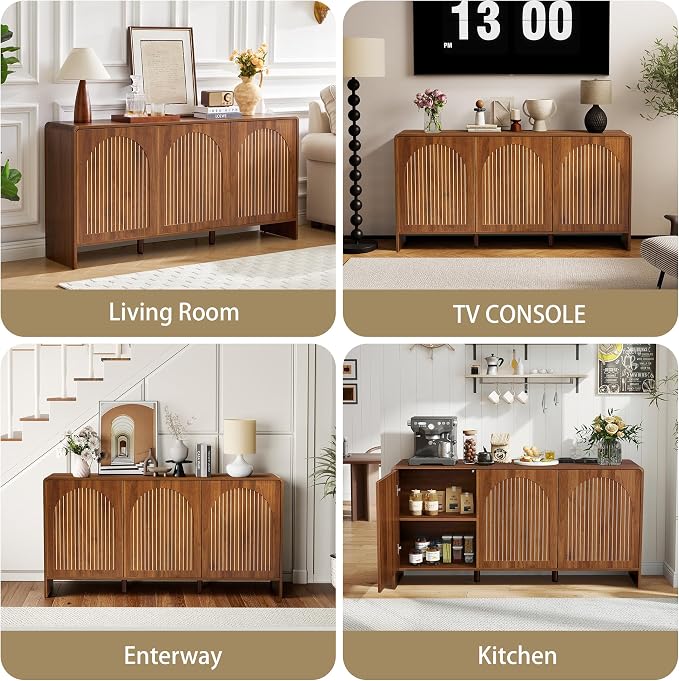 59" Sideboard Buffet Cabinet with Storage, Wood Arched Storage Cabinet with 3 Doors and Adjustable Shelf, Large Curved TV Console Accent Cabinet for Living Room Hallway Kitchen Dining Room, Walnut