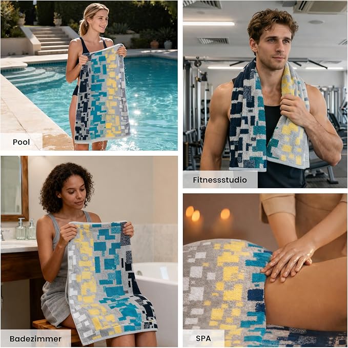 SEMAXE Bath Towel Set, 12 Piece Cotton Towel Set for Bathroom, More Towels for Family Use, Quick Dry with Hanging Loops, Easy Care, Geometric Pattern