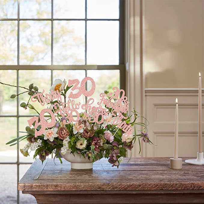 Gyufise 15Pcs 30th Birthday Centerpiece Sticks Thirty Happy 30th Table Flower Centerpieces Sticks Cheers to 30 Floral Decorations for 30th Birthday Party Centerpieces Supplies Rose Gold
