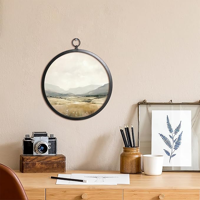 XIAOAIKA Vintage Wall Art with Metal Frame, Round Wood Print Featuring Misty Mountain View, Boho Wall Decor for Living Room, Bedroom, Kitchen, 10 Inch