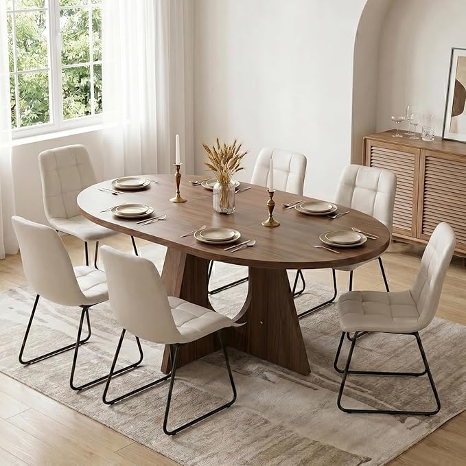 HIPIHOM Modern Round Expandable Dining Table Set for 6, 43.3"-59" Walnut Kitchen Table with 6 PU Leather Chairs, 7-Piece Mid-Century Dining Room Set