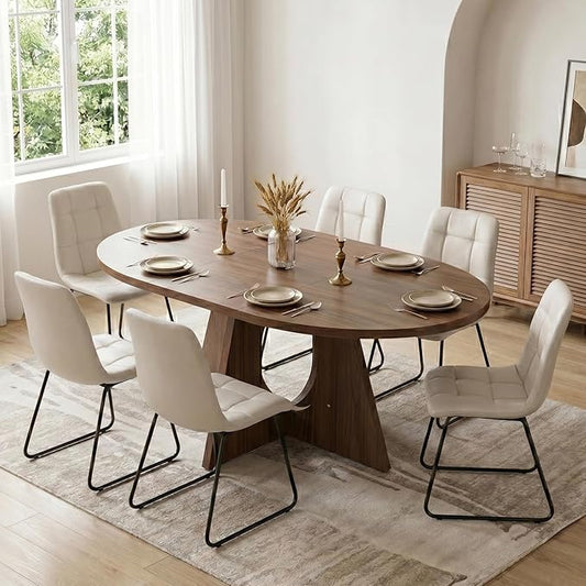 HIPIHOM Modern Round Expandable Dining Table Set for 6, 43.3"-59" Walnut Kitchen Table with 6 PU Leather Chairs, 7-Piece Mid-Century Dining Room Set