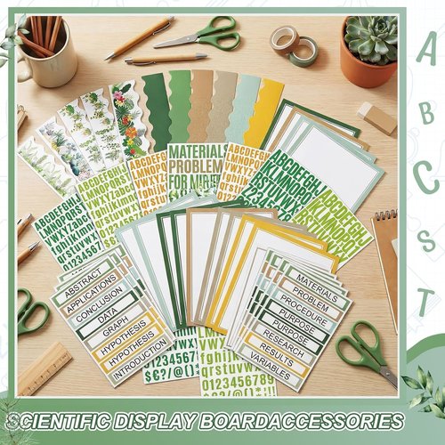 Sinload 92 Pcs Science Fair Board Supplies - 60 Trimmed Scalloped Poster Boards & 18 Presentation Titles | Green Plant Theme