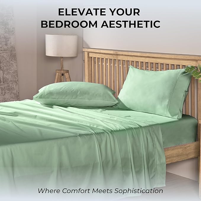 100% Natural Cotton Bed Sheets | 500 TC Single-Ply Sateen Weave Full Size Sheets | Soft, Breathable, Hypoallergenic Solid 4-Piece Bedding with Deep Pocket Fitted, Flat, Pillowcase | Sage
