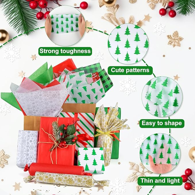 NEBURORA 120 Sheets Christmas Tissue Paper 20 x 14 Inch Xmas Wrapping Tissue Paper for Merry Christmas Holiday Party Decorations Gift Bags DIY Crafts