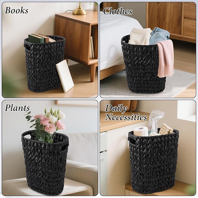 Bathroom Accessory Set, 10 Pieces Bath Set- Wicker Trash Can Tissue Box Soap Dish Toothbrush Holder Rinse Cup Lotion Bottle Toilet Brush Qtip Holder - Practical Bathroom Decor Sets (Black, Bath Set)