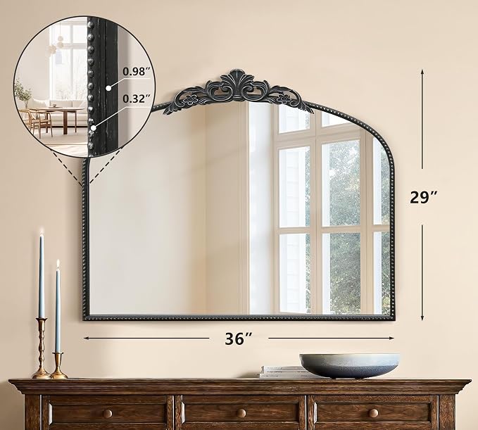 Micasso Vintage Black Arched Mirror: 36"x29" French Baroque Antique Wall Mounted Mirror - Traditional Ornate Decorative for Wall/Fireplace/Entryway/Bathroom/Hallway - Home Decor for Living Room