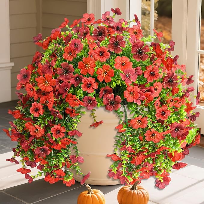 Artificial Fake Flowers Plants for Outdoor Fall Decoration, 2PCS Faux Mums Flowers for Outside UV Resistant Realistic for Porch Patio Garden Yard Balcony Home Decor(Red Brown)