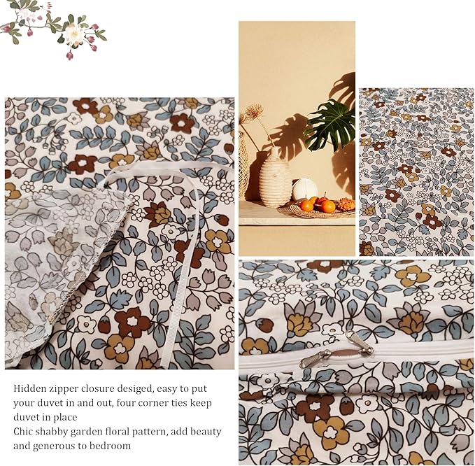 EAVD Vintage Style Garden Botanical Floral Duvet Cover Queen Soft 100% Jersey Knit Cotton Floral Bedding Set for Girls Women with 2 Pillowcases Reversible Comforter Cover with Zipper Closure,Adult