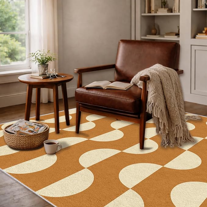 Caramel Dot Wave Area Rug 5 x 6 ft, Mid-Century Modern Geometric Rug, Brown Cream Abstract Washable Rug, Soft Low Pile Non-Slip Carpet for Living Room Bedroom Dining Room