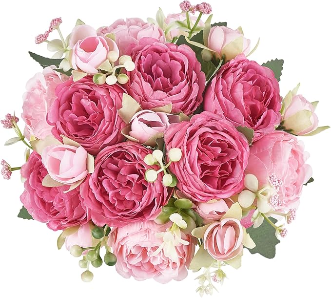 Mkono Peonies Artificial Flowers, Small Silk Flowers for Home Decor Indoor Fake Bouquet Faux Floral Arrangements Dining Table Centerpieces for Kitchen Bridal Wedding Party Decor (2, Mixed Pink)