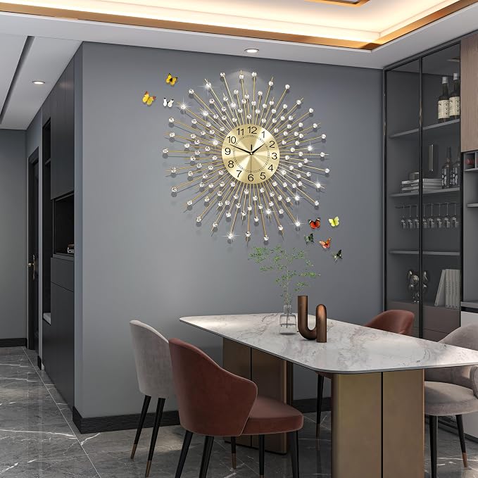 Extra Large Wall Clocks for Living Room Big Modern Wall Clock Silent Battery Operated Non-Ticking for Bedroom Office Kitchen Home 28 Inch Gold Clock Crystal Home Decorative