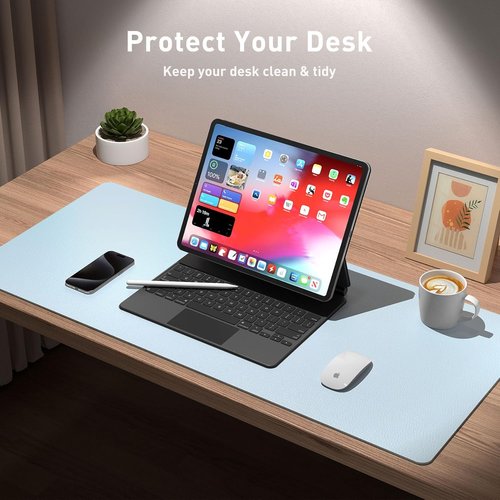Aothia Leather Desk Pad - Non-Slip PU Leather Protector & Mouse Pad | Waterproof Office Mat (36" x 17", Baby Blue)