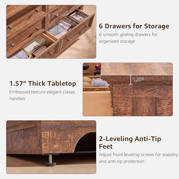 Farmhouse 6 Drawers Dresser for Bedroom, 54" Wide Large Dressers & Chests of Drawers w/Roman Column, Wooden Dresser TV Stand with Large Drawers for Bedroom Living Room Hallway,Reclaimed Barnwood