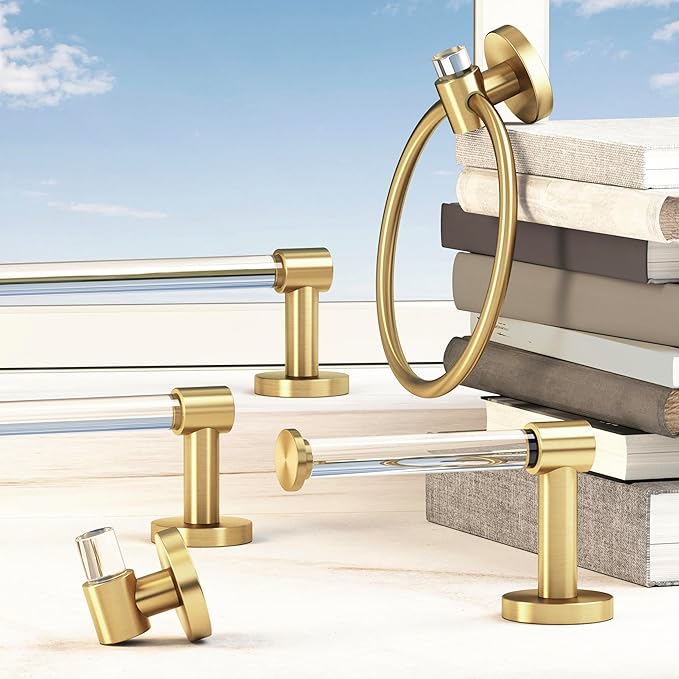 Gatco 5731 Clarion Towel Bar | 18" L Bathroom Towel Rack, Wall Mount Bathroom Towel Holder | Crystal-Clear Acrylic & Brushed Brass Finish