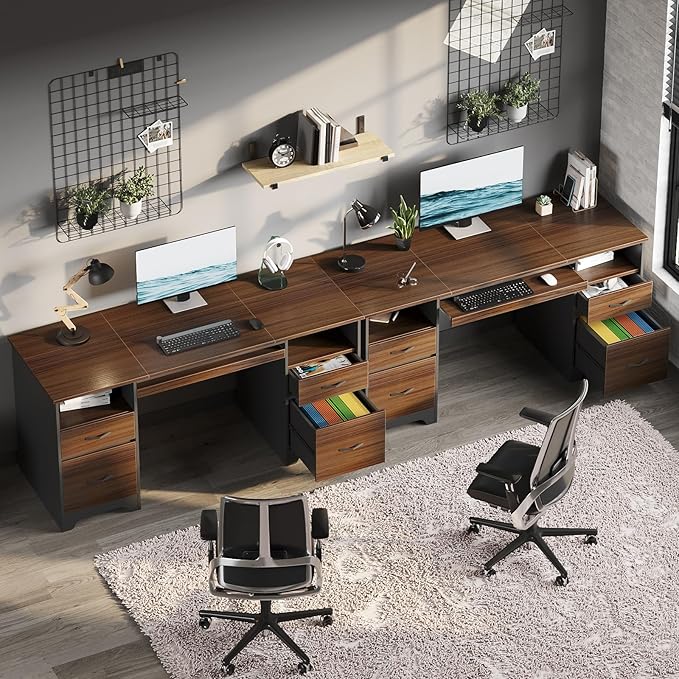 Bestier 59” Computer Desk with 4 Drawers, Office Desk with Storage, Industrial Executive Desk with File Drawer, Keyboard Tray & 2 Pedestals for Home Office & Studio, Cherry