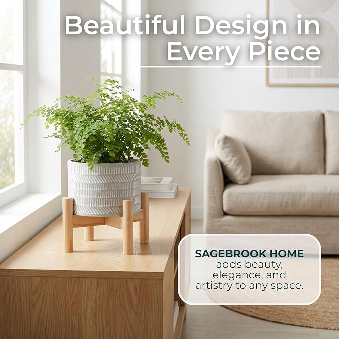 Stoneware Planter With Wood Stand – Plant Stand Indoor For Small Greenery, for Shelf, Table, or Windowsill, Modern Patterned Planter With Plant Riser Accent Home Decor – 6", Ivory Tan