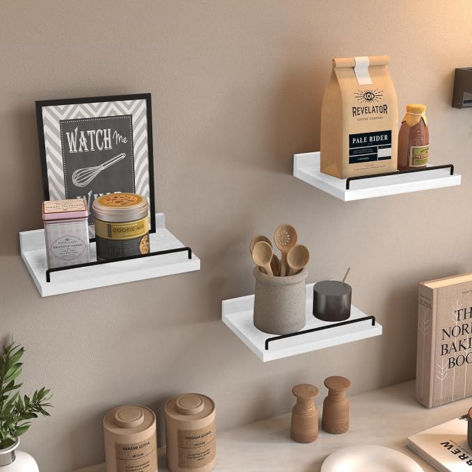 RYOFOBETTO Small Floating Shelf, 6X9 Inches Farmhouse Wall Shelves for Living Room, Bedroom, Picture Frames, Plants, Kitchen, Set of 3 (White and Black)