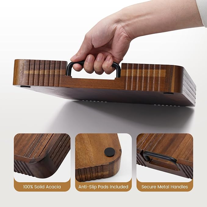 Acacia Wood Serving Tray with Metal Handles, 17x13in, Decorative Coffee Table Tray & Ottoman Tray, Anti-Slip Pads, Dark Wood Tray for Breakfast in Bed, Bar Tray, Gift Box