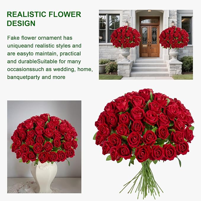 Fake Plants Roses Flowers Plastic Flowers Spring Decorations for Home Gifts for Gf Roses Artificial Flowers for Vase Fake Flowers Home Decor Fake Plant 19.6”(50PCS Red)