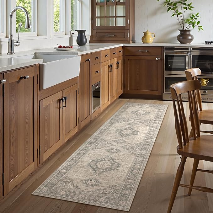 Lahome Oriental Washable Rug Runner, 2x8 Ultra-Thin Hallway Runner Rug with Rubber Backing, Distressed Non Skid Long Carpet for Kitchen Entryway Laundry Room, Grey/Brown