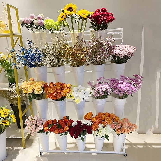 Flower Display Stand, 3 Layers Heavy Duty Moving Plant Cart Shelf With Wheels and Bucket, Wrought Iron Florist Shelf, for Patio Garden, Florist, Outdoor Flower Pop-Up Events (White Iron Frame)
