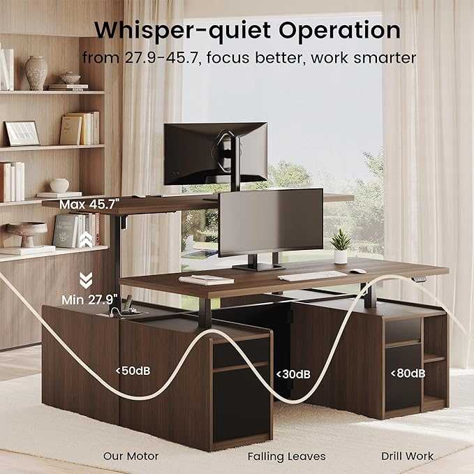 Executive Standing Desk with Drawers & Storage, 71'' Adjustable Electric Stand Up Wood Desk with Privacy Panel, AC/USB, File Cabinet, Large One-Piece Destop for Home Office, Black Walnut