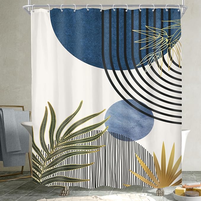 KOMLLEX Mid Century Blue Green Boho Shower Curtain for Bathroom Decor 54Wx78H Inches Abstract Modern Minimalist Chic Plants Arch Curve Leaves Sun Fabric Waterproof Polyester 12 Pack Hooks Pack Hooks
