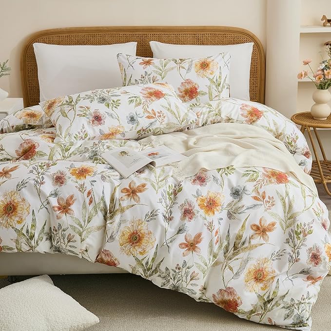 100% Cotton Duvet Cover Queen Size – Elegant Natural Yellow Floral Duvet Cover Set with Zipper Closure, 3-Piece Soft Breathable Durable Percale Cotton Bedding Set for All Seasons