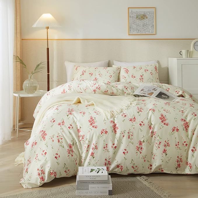 VM VOUGEMARKET Pink Floral Comforter Set Twin XL Cream Bedding Comforter for Teen Girls Women All Season Garden Flower Comforter Set