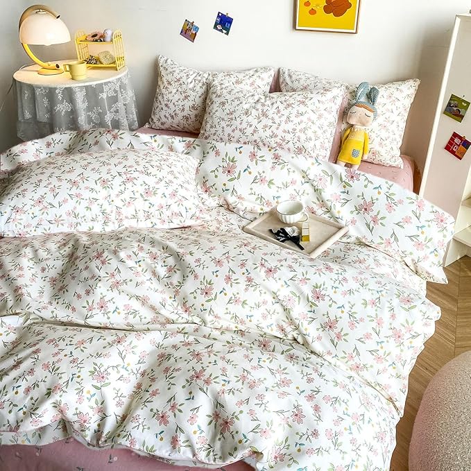 LifeTB Garden Style Pink Floral Comforter Set Full Size All Season Chic Floral Farmhouse Bedding Comforter with 2 Pillowcases Vintage Botanical Comforter Set Fluffy Cozy Comforter for Girls Women