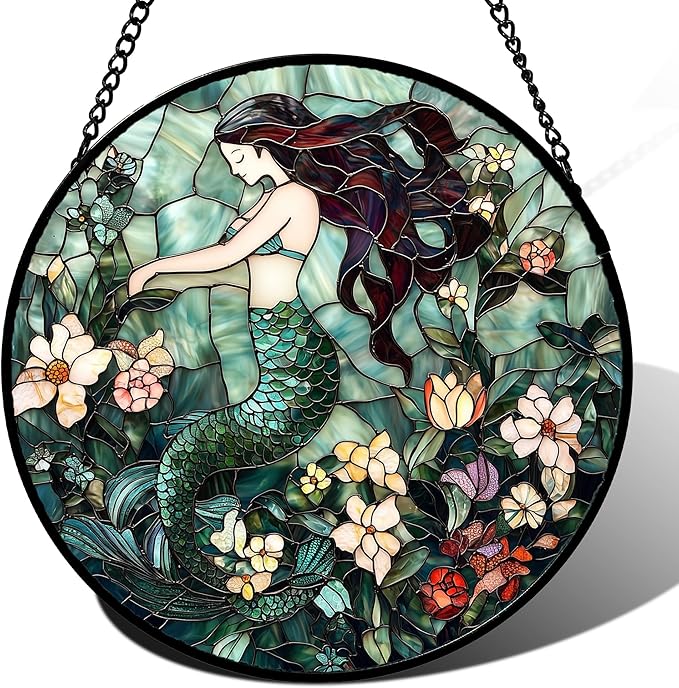 Stained Glass Window Hanging - Teal Sleeping Mermaid Suncatcher for Door Terrace Garden Home Decor, Sea of Flowers Sun Catcher Birthday Gifts for Lovers Women Men Dad Mom Nana 15 in