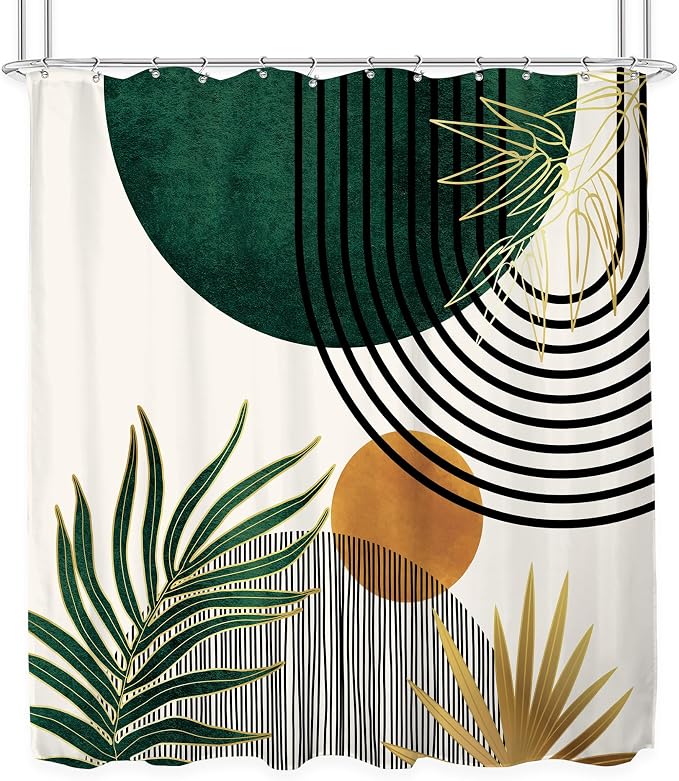 KOMLLEX Mid Century Green Boho Shower Curtain 72Wx72L Inches Abstract Modern Shower Curtains for Bathroom Plant Botanical Minimalist Leaf Arch Sun Fabric Liner Waterproof Polyester 12 Pack Hooks