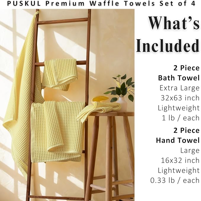 PÜSKÜL 4-Piece Natural 100% Turkish Cotton Luxury Waffle Towels for Bathroom | Premium Honeycomb Weave 2 Hand Towel & 2 Bath Towel Set | Soft Absorbent Quick-Dry Lightweight Towels (Light Yellow)