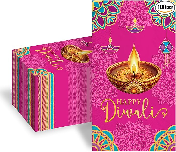 100pcs Happy Diwali Napkins 3 Ply Diwali Paper Napkins Decorations Disposable Absorbent Hand Towels for Bathroom Cocktail Napkins for Diwali Light Festival Indian Party Supplies