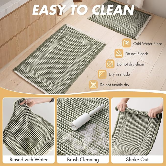MIULEE Set of 2 Waffle Bathroom Rugs, Boho Bath Rug Super Absorbent, Non Slip Washable Ultra Soft Rubber Backed Shower Bath Mats for Floor, Tub, Shower, Looped Design, Green & Cream, 18x30 Inch