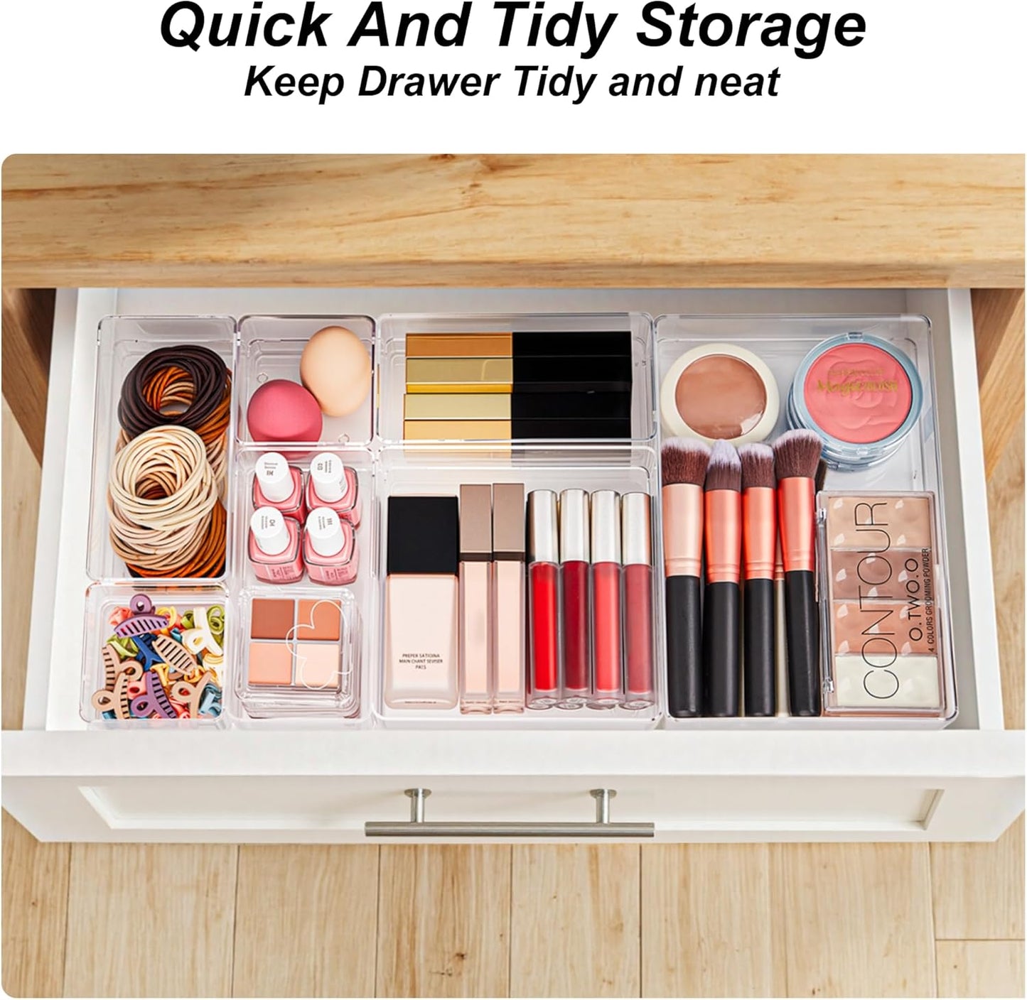 SMARTAKE 7-Piece Drawer Organizer - Non-Slip Silicone Pads for Makeup, Jewelry & Utensils | Clear Storage Trays