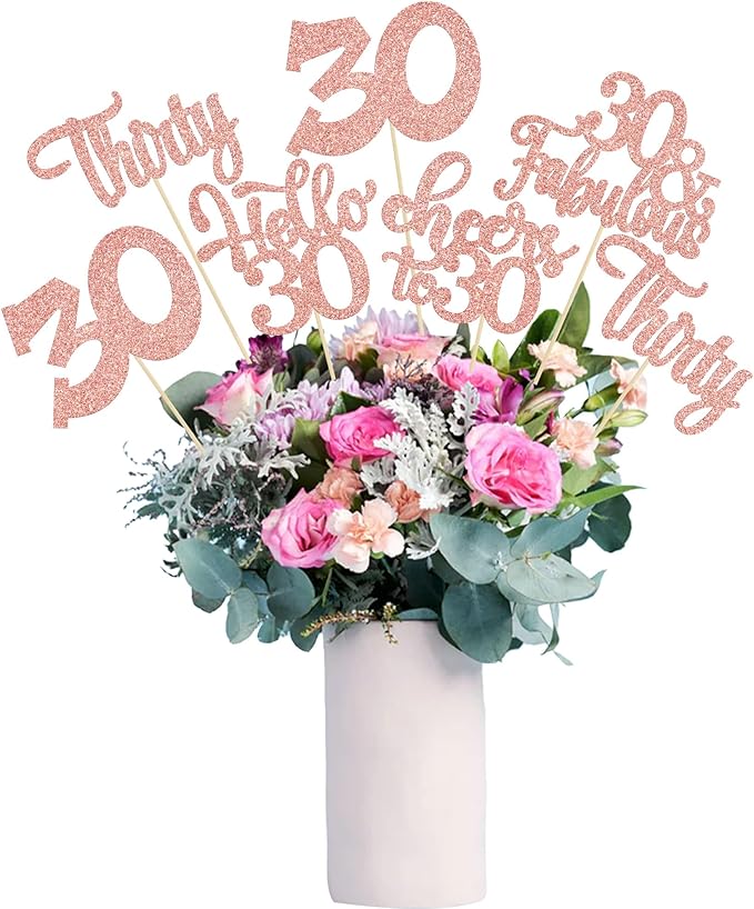 Gyufise 15Pcs 30th Birthday Centerpiece Sticks Thirty Happy 30th Table Flower Centerpieces Sticks Cheers to 30 Floral Decorations for 30th Birthday Party Centerpieces Supplies Rose Gold