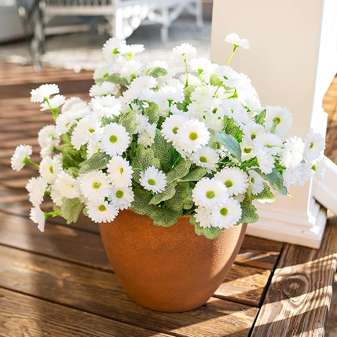 HyeFlora Dahlia Artificial Flowers for Outdoors Winter Decoration, 6 Bundles Fake Daisy White Faux Flowers Plants Realistic UV Resistant Silk Flowers for Outside Planter Front Door Yard Garden