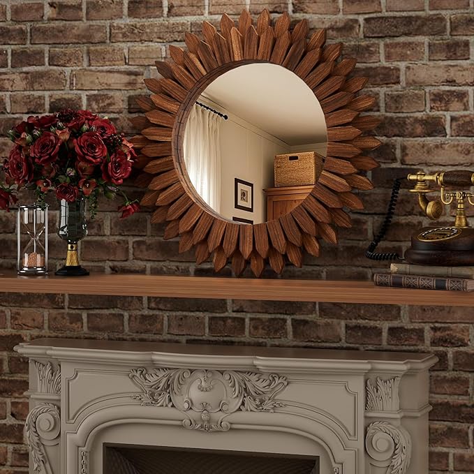 28 Inch Walnut Boho Wall Decor Sunburst Mirror - Round Wooden Wall Decor, Handmade Rustic Circular Mirror for Living Room, Bedroom, Entryway, Office