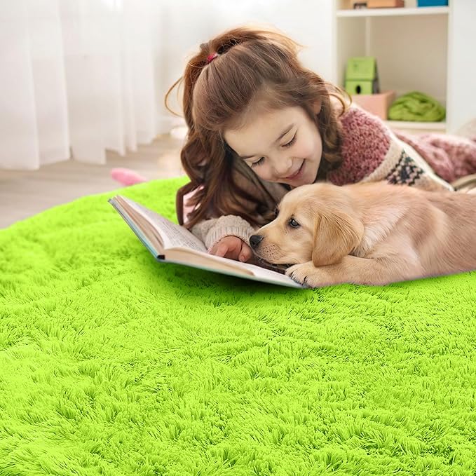 OLANLY Lime Green Round Rugs for Bedroom - Machine Washable, 7 ft Circle Area Rugs for Living Room, Soft and Fluffy Shaggy Carpet for Teen Girl and Boys, Nursery Rooms, Dorms, Home Decor Aesthetic