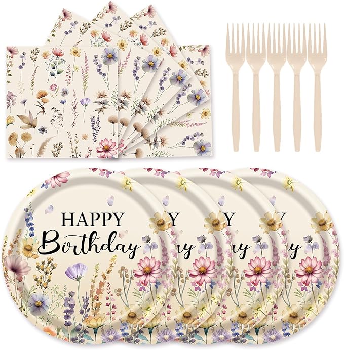 72Pcs Fall Wildflower Plates and Napkins, Floral Birthday Party Supplies Autumn Wildflower Paper Plates and Napkins Forks Tableware Decorations for Fall Picnic Tea Party Baby Shower Birthday, Serve 24