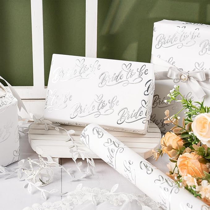 RUSPEPA Wedding Wrapping Paper Roll, Mini Roll, Elegant Bride to Be Text and Heart Design, Silver Foil Gift Wrap for Bridal Shower, Bachelorette Party, Wedding Celebration, 17 Inches x 16.4 Feet