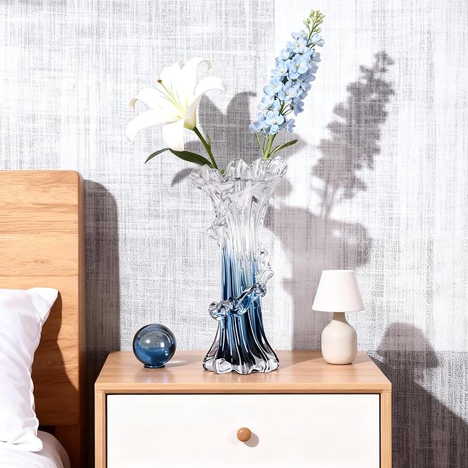 9.8" H Blue Blown Glass Vase, Modern Art Hand Blown Coastal Vase,Beautiful Unique Ocean Wave Centerpieces for Living Room, Bedroom, Office Desktop,Coffee Table and Wedding Decorative (M)