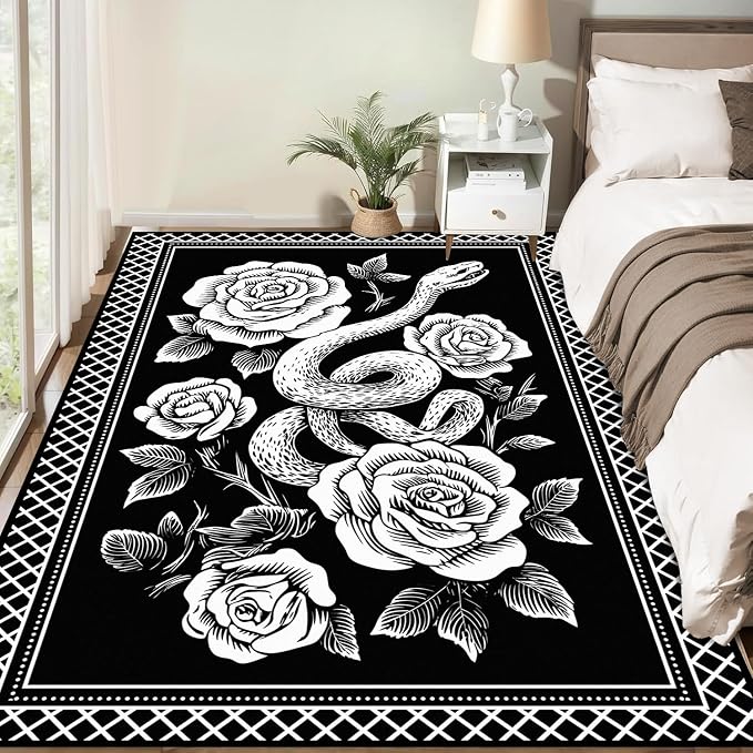 3'x5' Gothic Snake and Rose Area Rug Black and White Floral Vine Floor Mat Retro Boho Carpet Washable Low Pile Indoor Rugs for Entryway Bedroom Living Room Kitchen Home Decor