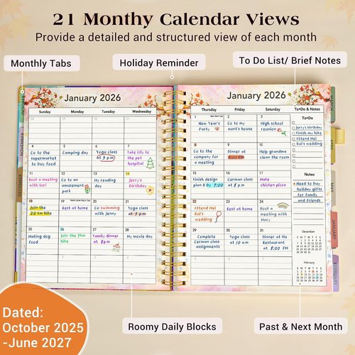 Colorful Feather Planner 2026-2027 | 18-Month Weekly & Monthly Organizer - Large A4 Hardcover, 8.5" x 11"