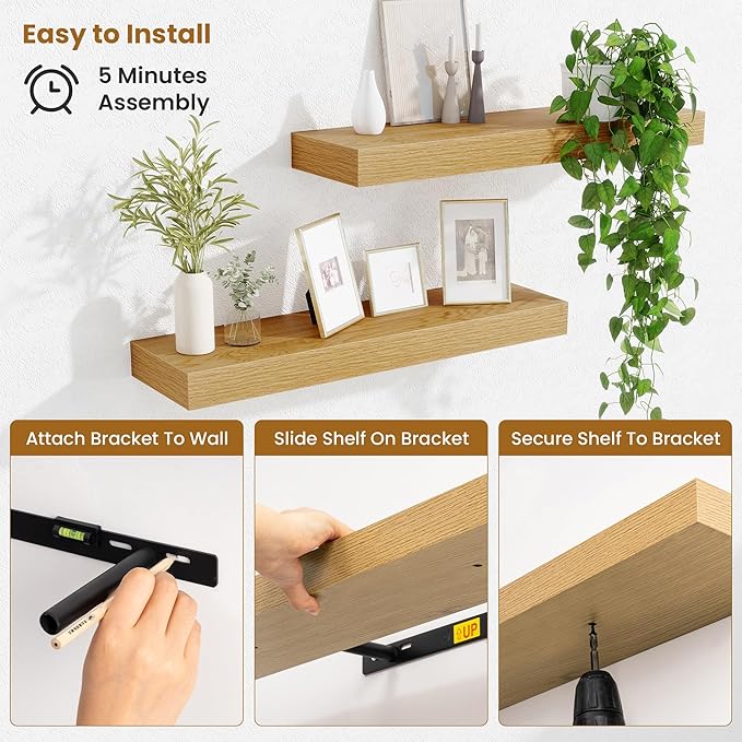 Fun Memories Floating Shelves Set of 2, 24 Inch Floating Shelves for Wall, Wood Wall Shelves with Invisible Brackets, for Bathroom, Bedroom, Living Room, Kitchen, Oak